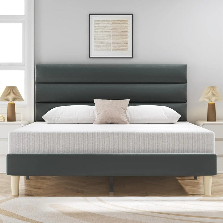 Queen Size Bed Frame, Velvet Padded Headboard, Metal Support, Easy To Assemble, Storage Space, No Spring Box Required