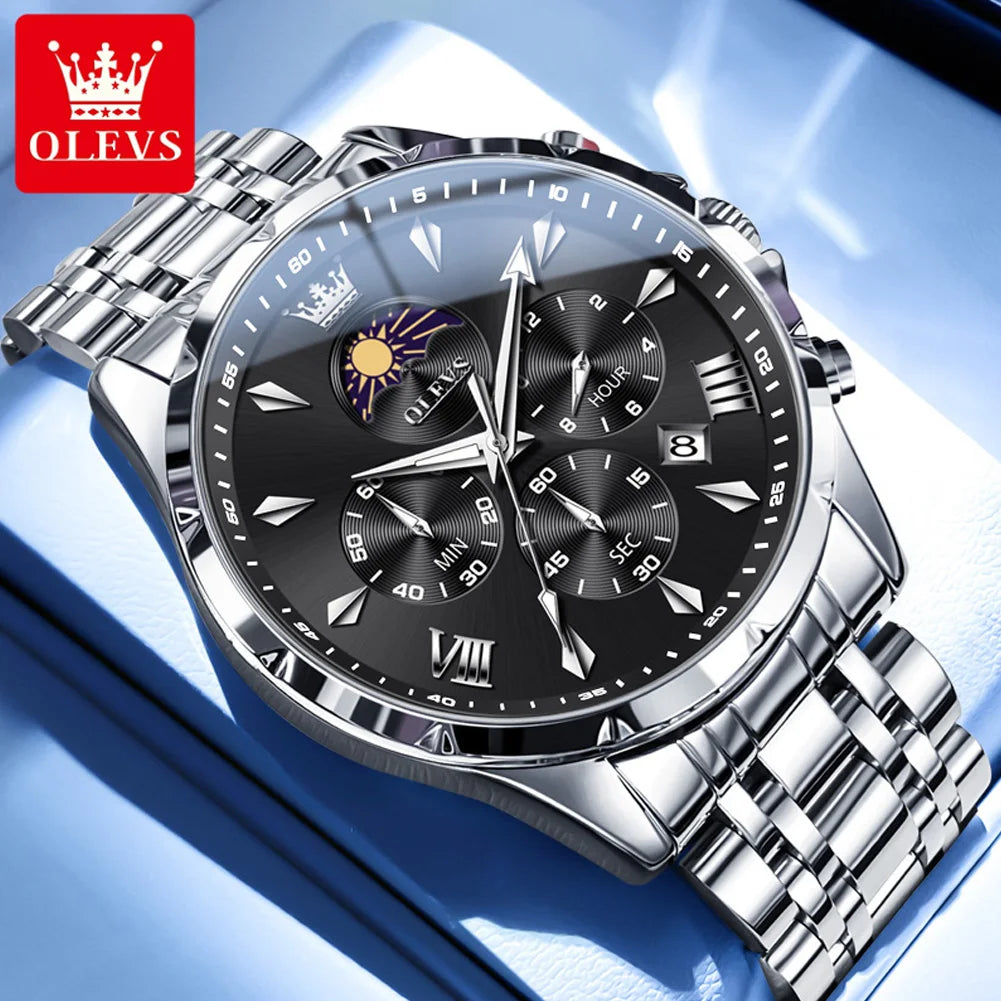 OLEVS Top Moon Phase Fashion Men's Watches Stainless steel Waterproof Quartz Watch for Man Calendar Luminous Daily Wristwatch