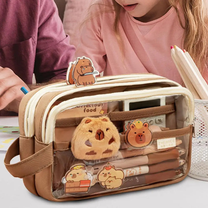 Clear Plastic Pencil Case With Cute Capybara Plush And Pins Multi-layers Pouch Large Capacity Aesthetic Pencil Pouch Stationary