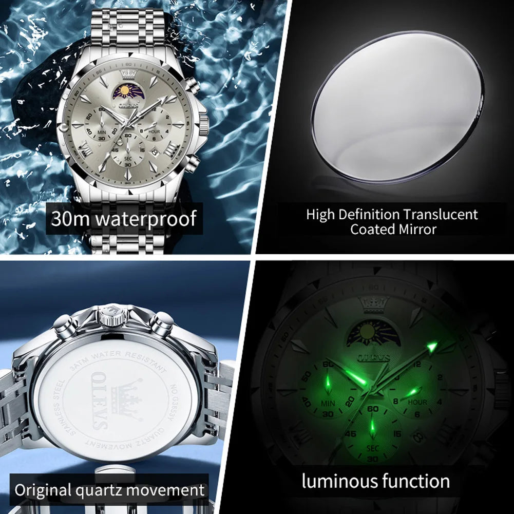 OLEVS Top Moon Phase Fashion Men's Watches Stainless steel Waterproof Quartz Watch for Man Calendar Luminous Daily Wristwatch