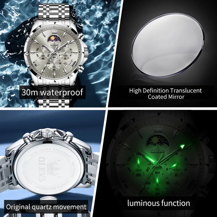OLEVS Top Moon Phase Fashion Men's Watches Stainless steel Waterproof Quartz Watch for Man Calendar Luminous Daily Wristwatch