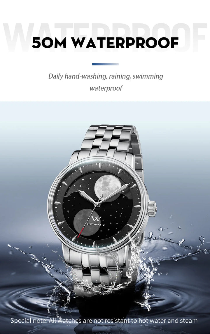 WM Watch Welly Merck Automatic Mechanical Watches Men Lunar Moon Phase Sapphire Waterproof Man Luminous Twin Moons Watch WM142