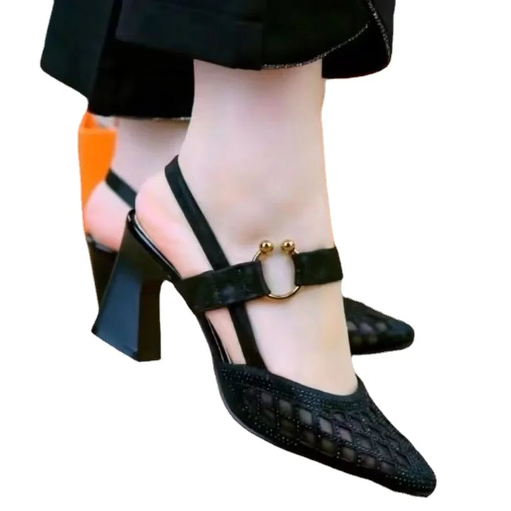 Women's Pointed Toe Heeled Sandals Summer Retro Breathable Hollow Chunky Heel Shoes for Women Closed Toe Ladies High Heel Sandal