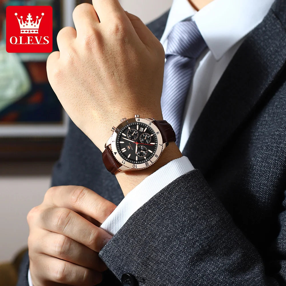 OLEVS Original Quartz Watch for Men Leather Strap Chronograph Calendar Waterproof Luminous Men's Wristwatches Relógio Masculino