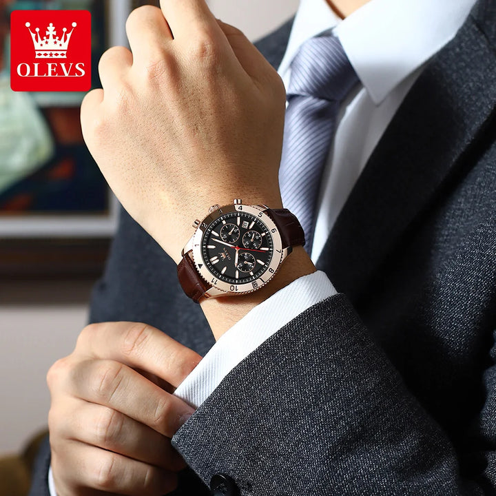 OLEVS Original Quartz Watch for Men Leather Strap Chronograph Calendar Waterproof Luminous Men's Wristwatches Relógio Masculino