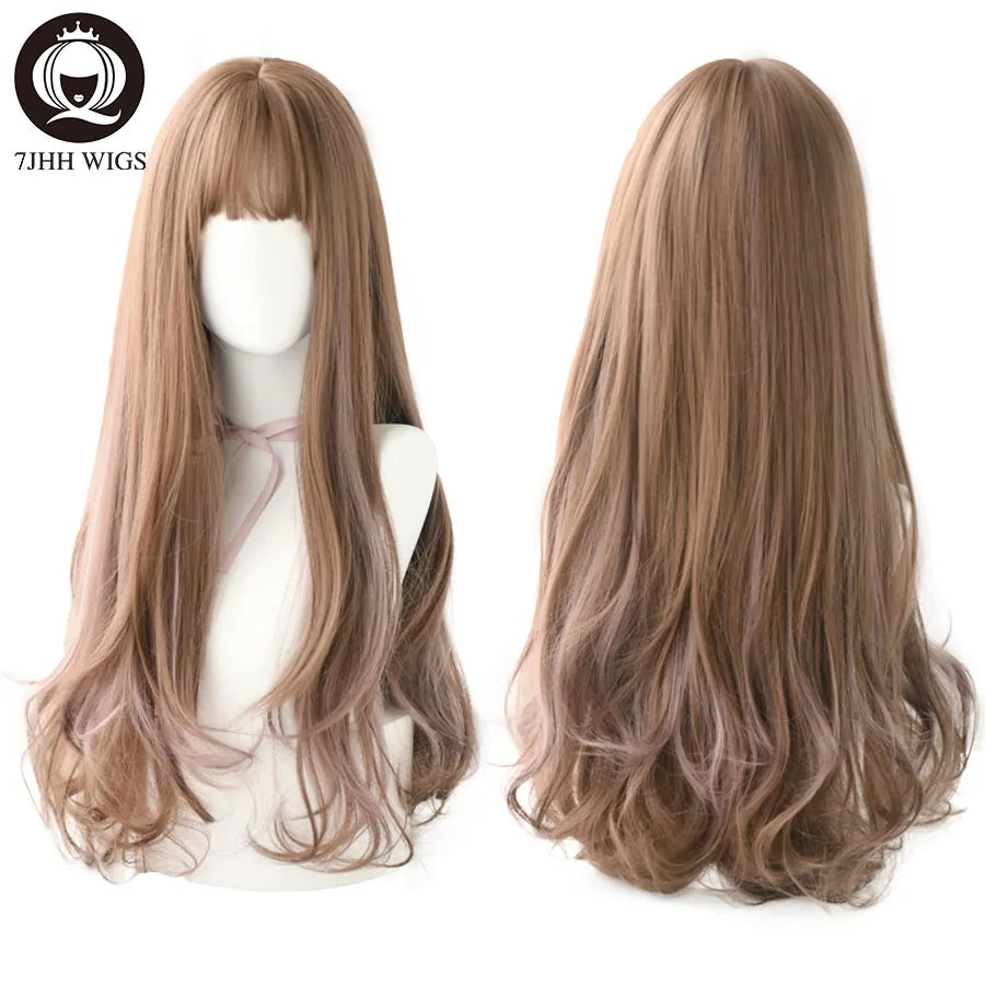 7JHHWIGS Long Wavy Synthetic Black Wigs For Women With Fringe Fashion Heat Resistant Mid-Length Daily Straight Light Brown Hair