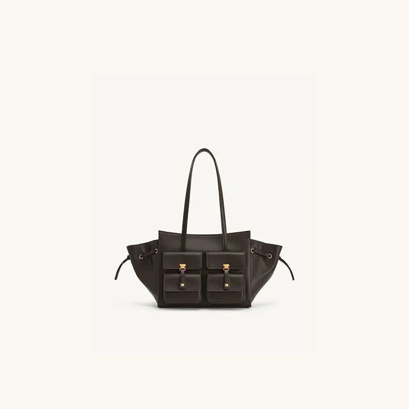 Luxury Brand Silver Buckle Fashion Genuine Leather Handbag New Large Capacity Tote Bag Designer Women's Commuter Shoulder Bag