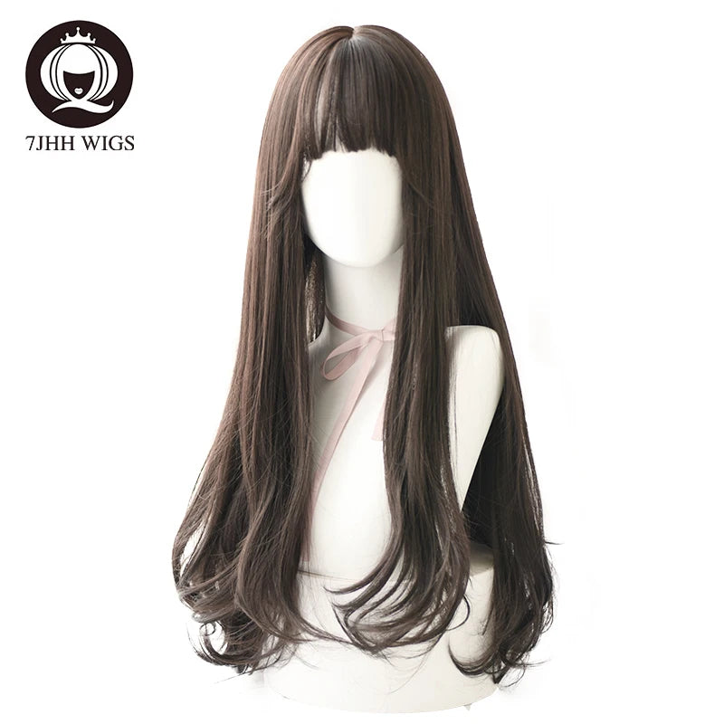 7JHHWIGS Long Wavy Synthetic Black Wigs For Women With Fringe Fashion Heat Resistant Mid-Length Daily Straight Light Brown Hair