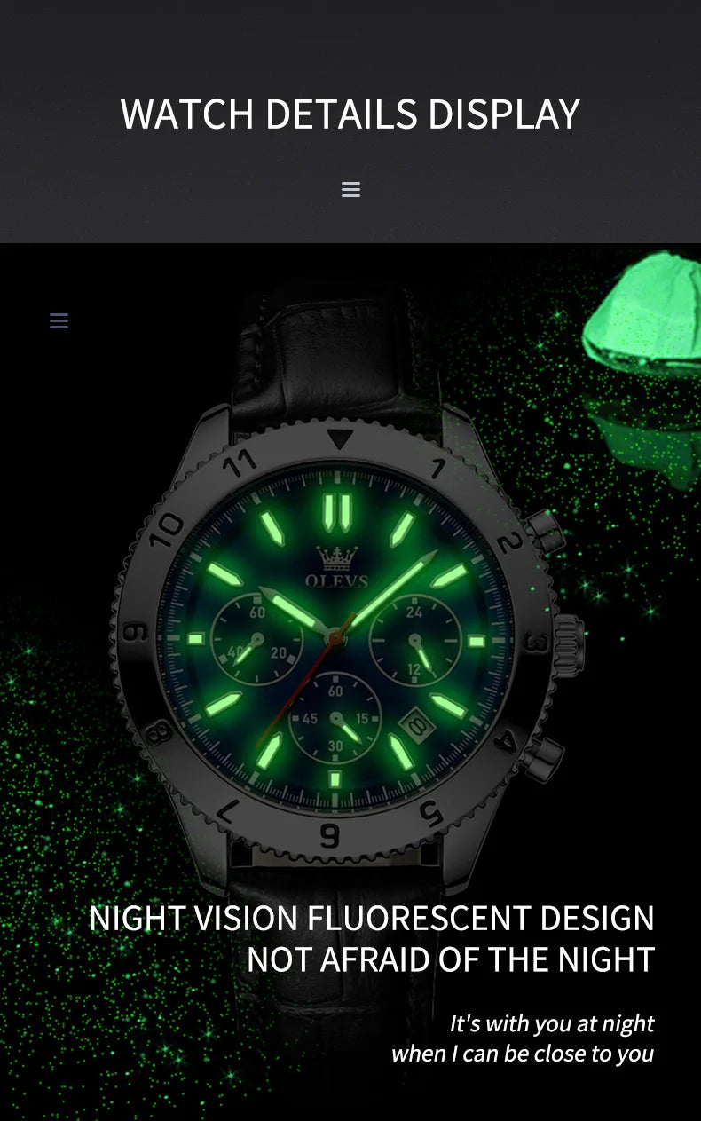 OLEVS Original Quartz Watch for Men Leather Strap Chronograph Calendar Waterproof Luminous Men's Wristwatches Relógio Masculino