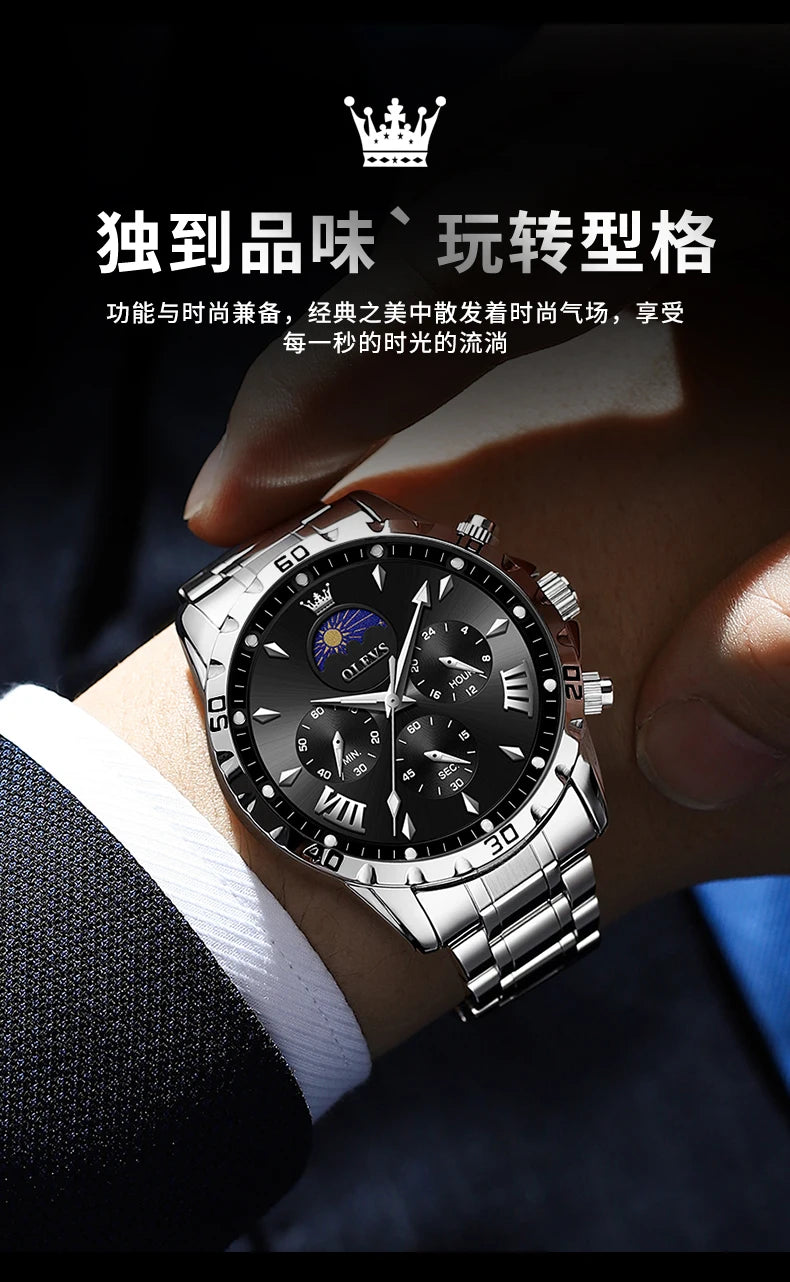 OLEVS Original Moon Phase Men Watches Luminous Skeleton Waterproof Quartz Watch Calendar Chronograph Stainless Steel Wristwatch