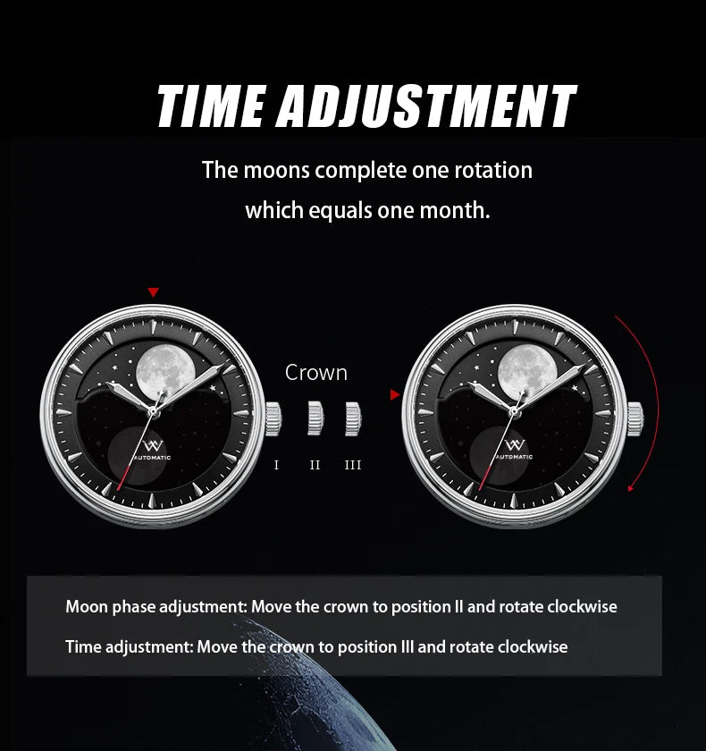 WM Watch Welly Merck Automatic Mechanical Watches Men Lunar Moon Phase Sapphire Waterproof Man Luminous Twin Moons Watch WM142