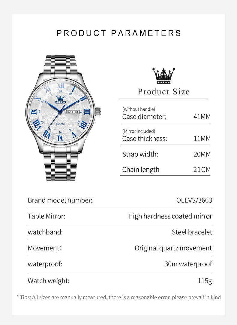 OLEVS 3663 Mens Watch Classic Original Brand Quartz Watch Waterproof  Luminous Watches For Men Dual Calendar Display Gifts Box