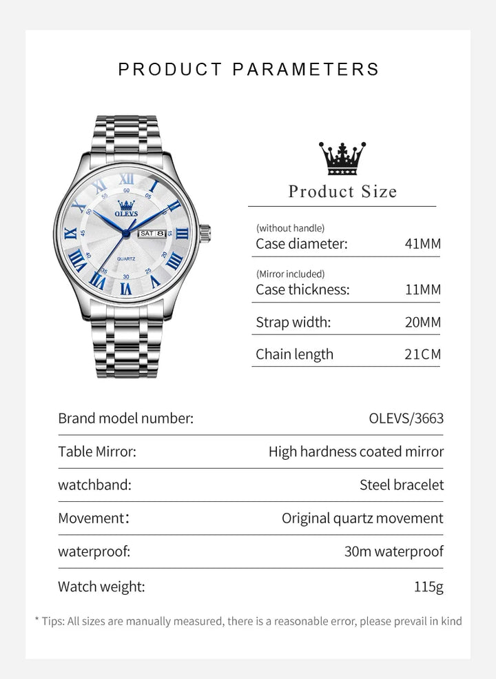 OLEVS 3663 Mens Watch Classic Original Brand Quartz Watch Waterproof  Luminous Watches For Men Dual Calendar Display Gifts Box
