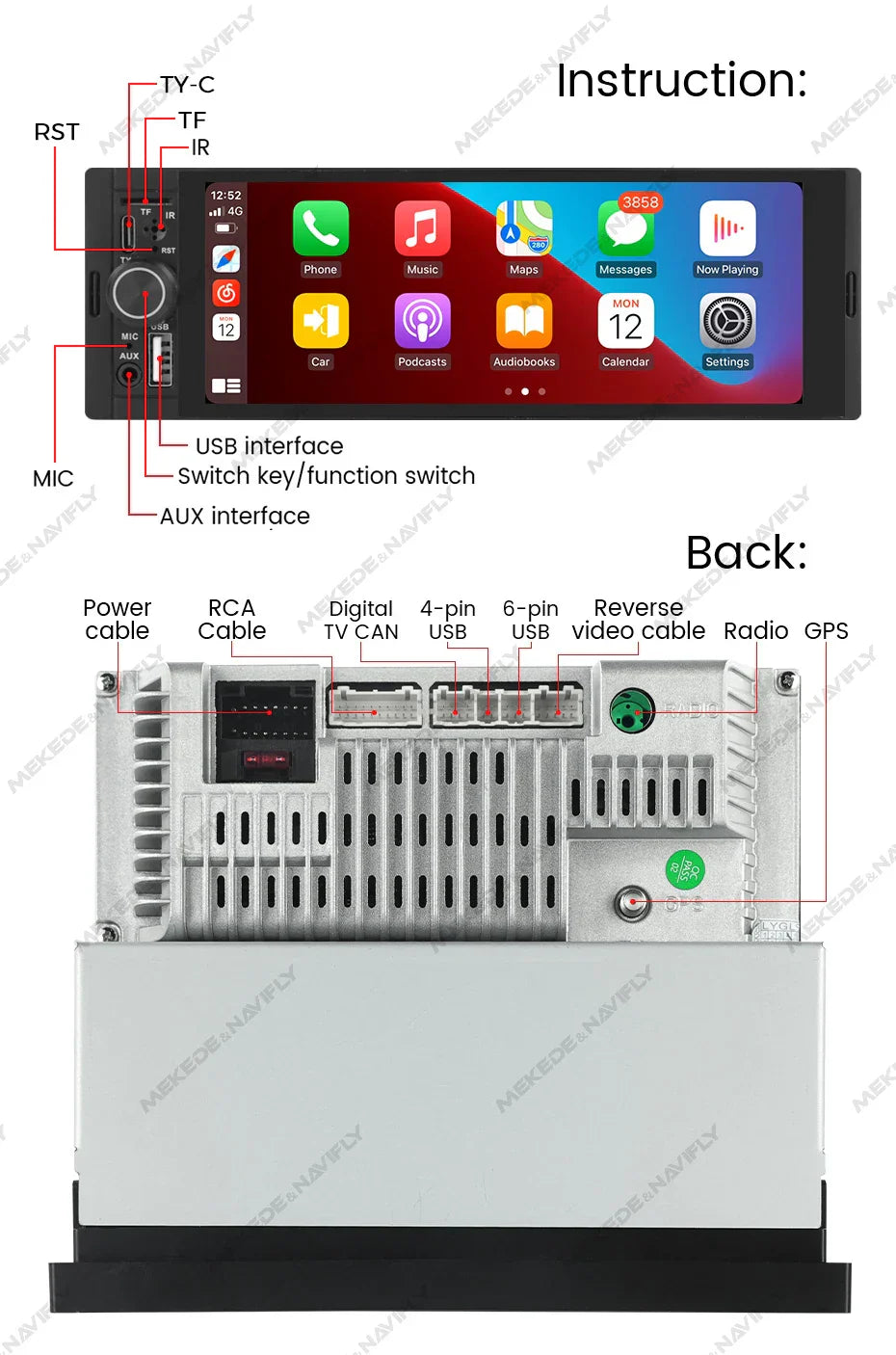 Navifly 2G+32G Universal 1 Din Android 6.86 Inch HD Touch Screen Wireless CarPlay Auto Car Radio Multimedia Video Player GPS FM