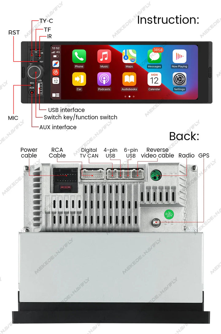 Navifly 2G+32G Universal 1 Din Android 6.86 Inch HD Touch Screen Wireless CarPlay Auto Car Radio Multimedia Video Player GPS FM