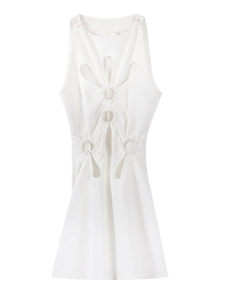 Hollow Out Sleeveless Dress Women Sexy Temperament Waist Cinching Slimming Elastic Summer Round Neck Hip Hugging Short Dress