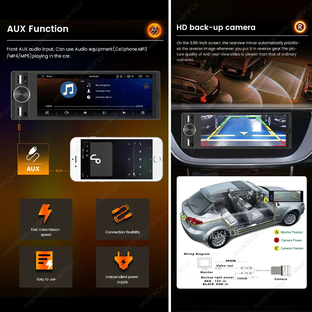 MEKEDE 6.86-inch 1din Universal Car Multimedia Smart Screen Wired Wireless Andriod Auto CarPlay Stereo FM Auto Radio BT USB TF
