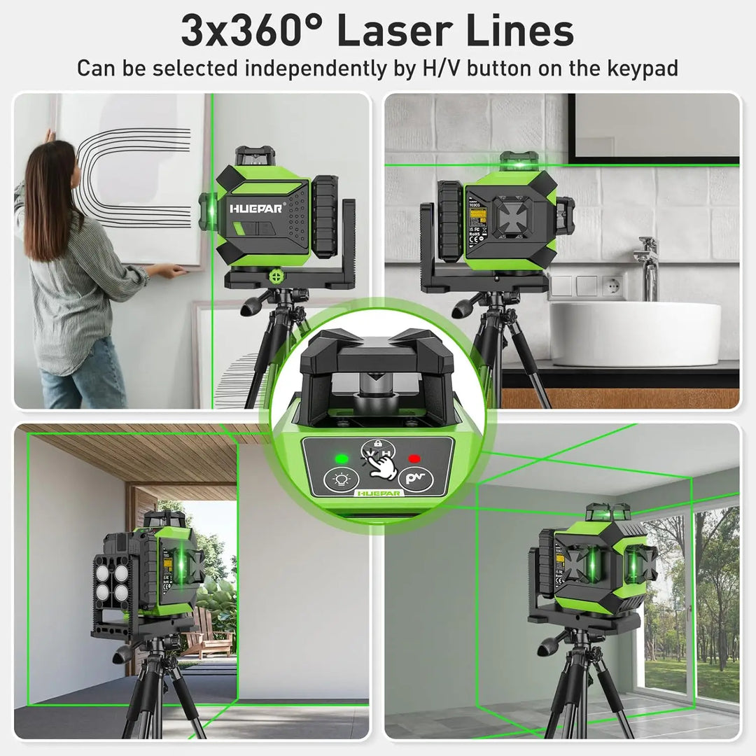 Huepar 703CG 12 Lines 3D Laser Level Self-Leveling Cross Line Green Level Adjust Bright Alignment Laser Tool with Li-ion Battery