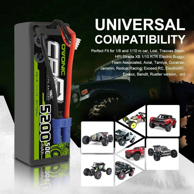 OVONIC 3S Lipo Battery 50C 5200mAh 11.1V Lipo Battery with EC5 Connector for Arrma 1/5 1/8 1/10 RC Car and Truck