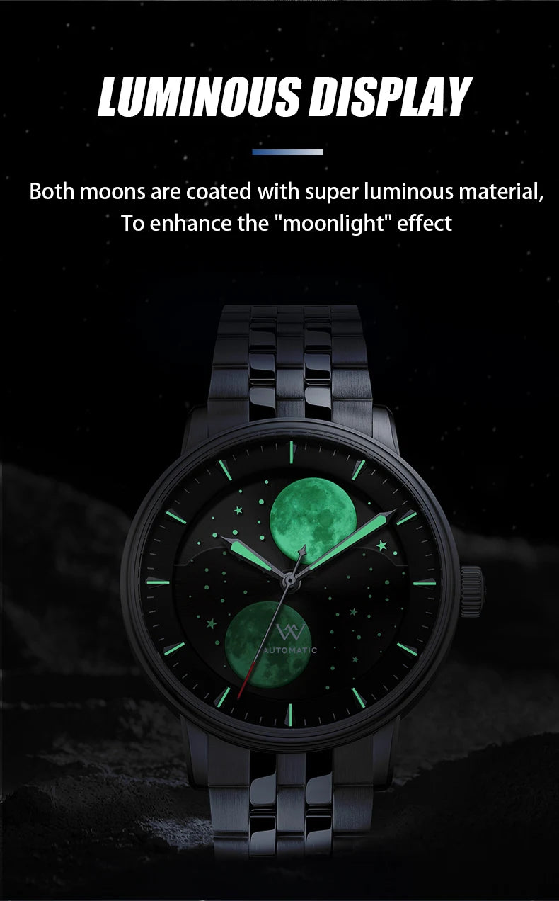 WM Watch Welly Merck Automatic Mechanical Watches Men Lunar Moon Phase Sapphire Waterproof Man Luminous Twin Moons Watch WM142