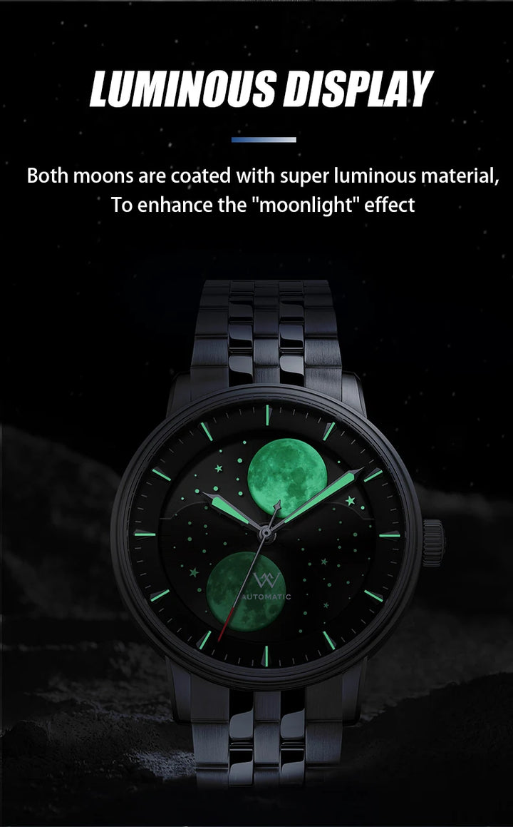 WM Watch Welly Merck Automatic Mechanical Watches Men Lunar Moon Phase Sapphire Waterproof Man Luminous Twin Moons Watch WM142