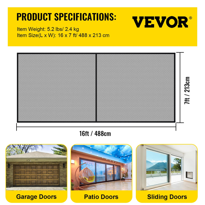 VEVOR Garage Door Screen 16 x 7 ft for 2 Cars 5.2 lbs Heavy-Duty Fiberglass Mesh for Quick Entry Self Sealing Magnet Retractable