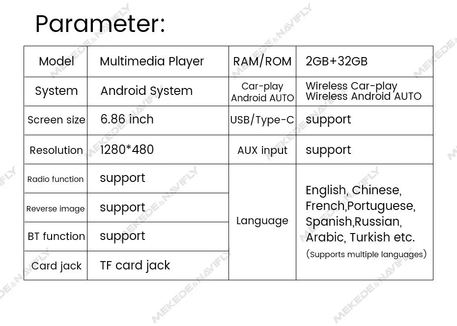 Navifly 2G+32G Universal 1 Din Android 6.86 Inch HD Touch Screen Wireless CarPlay Auto Car Radio Multimedia Video Player GPS FM