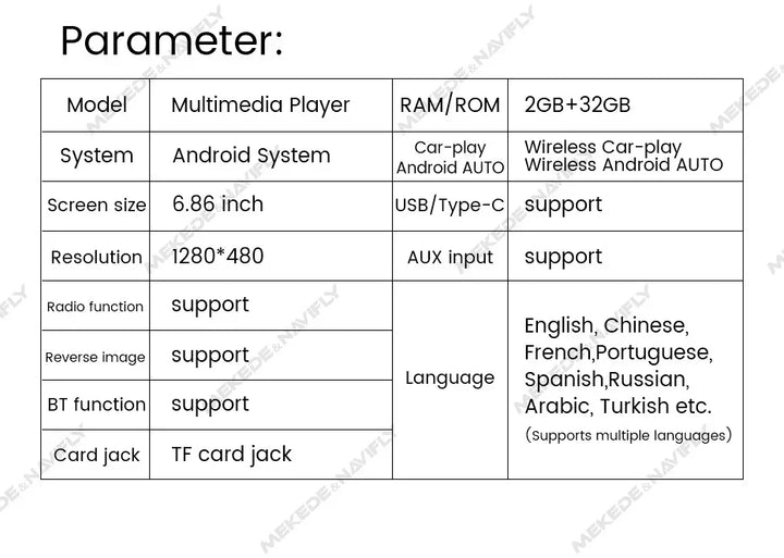 Navifly 2G+32G Universal 1 Din Android 6.86 Inch HD Touch Screen Wireless CarPlay Auto Car Radio Multimedia Video Player GPS FM