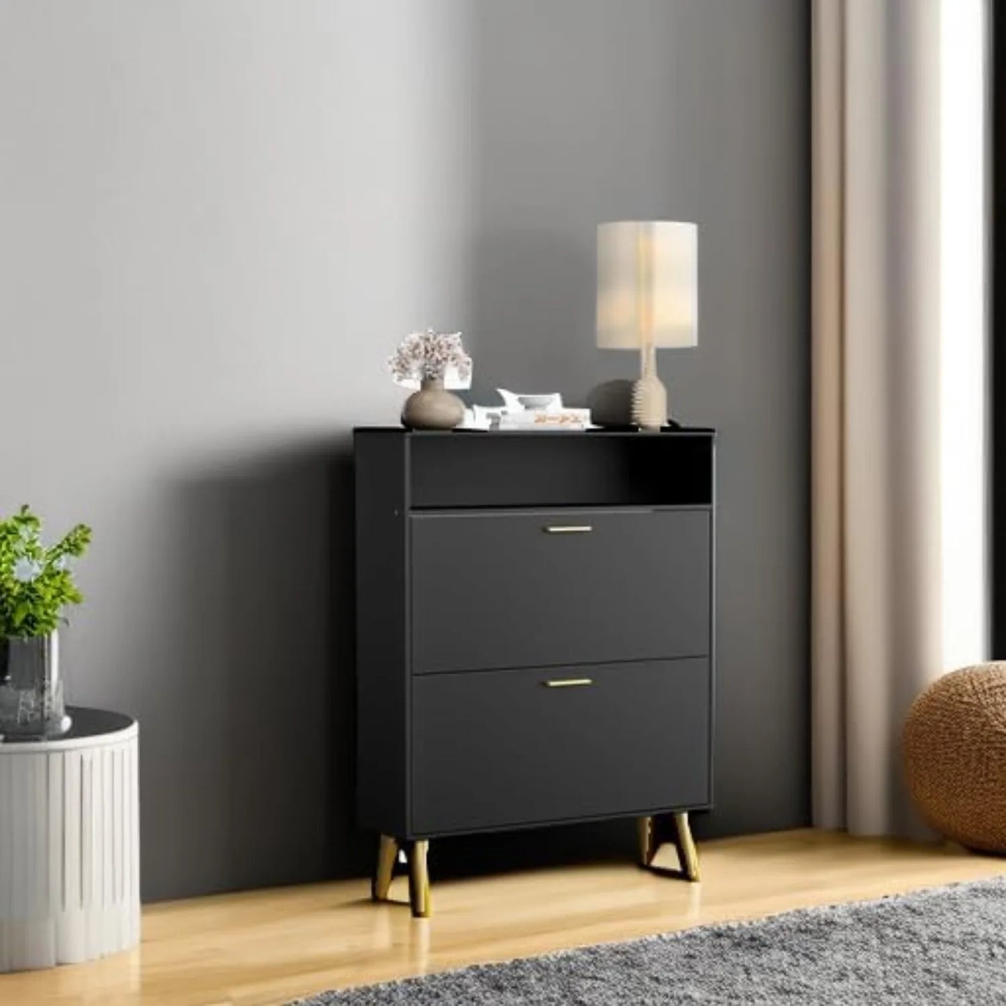 Slim Shoe Cabinet with 2 Flip Drawers