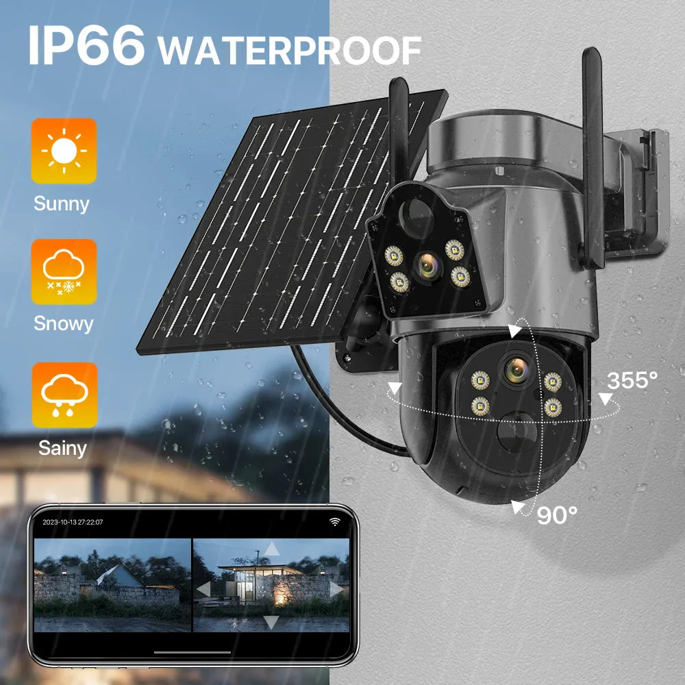 4K HD Solar WiFi Camera Outdoor Built-in Battery Dual Lens 2K Security Camera Solar Panel Wireless Video Surveillance CCTV iCSee