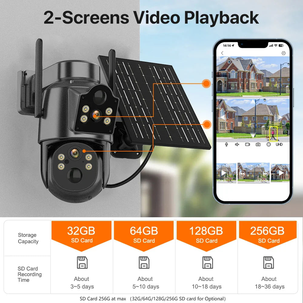 4K HD Solar WiFi Camera Outdoor Built-in Battery Dual Lens 2K Security Camera Solar Panel Wireless Video Surveillance CCTV iCSee