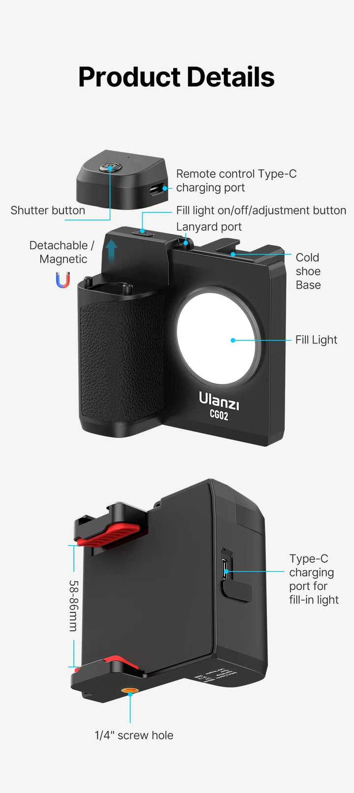Ulanzi CG02 Smartphone Selfie Grip Wireless Bluetooth Handle with 5500k Fill Light Phone As Camera Photo Stabilizer
