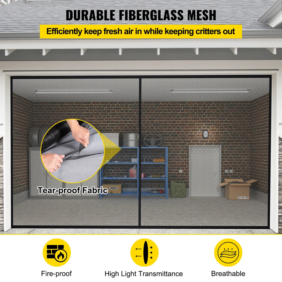 VEVOR Garage Door Screen 16 x 7 ft for 2 Cars 5.2 lbs Heavy-Duty Fiberglass Mesh for Quick Entry Self Sealing Magnet Retractable