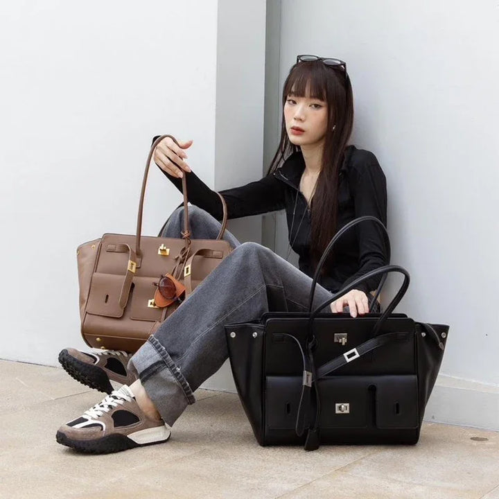 Luxury Brand Silver Buckle Fashion Genuine Leather Handbag New Large Capacity Tote Bag Designer Women's Commuter Shoulder Bag