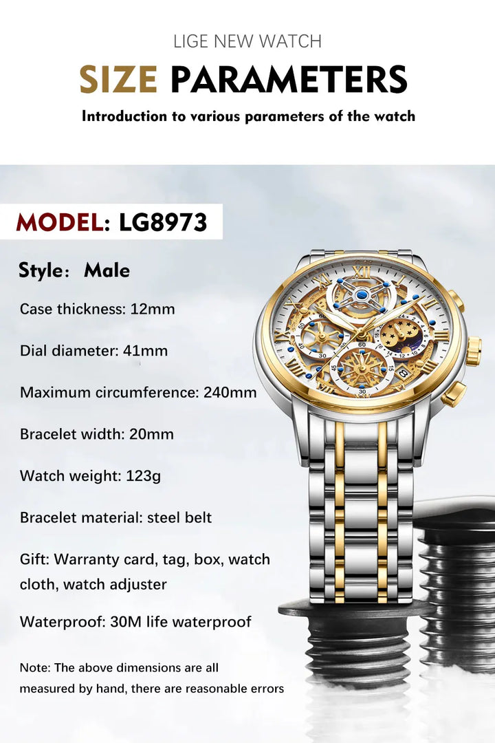 LIGE Luxury Fashion Men Watch Waterproof Luminous Date Man Wristwatch Stainless Steel Chronograph Quartz Men's Watches Reloj