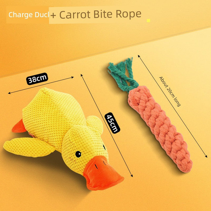 Large Dog Self-Hi Corgi Consumes Small Yellow Duck Dogs