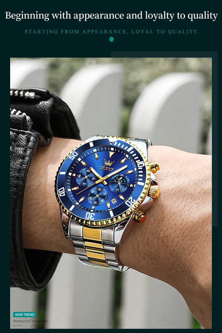 OLEVS Moon Phase Men's Watches Original Waterproof Luxury Quartz Watch Stainless Steel Chronograph Date Rota Dial Wristwatch