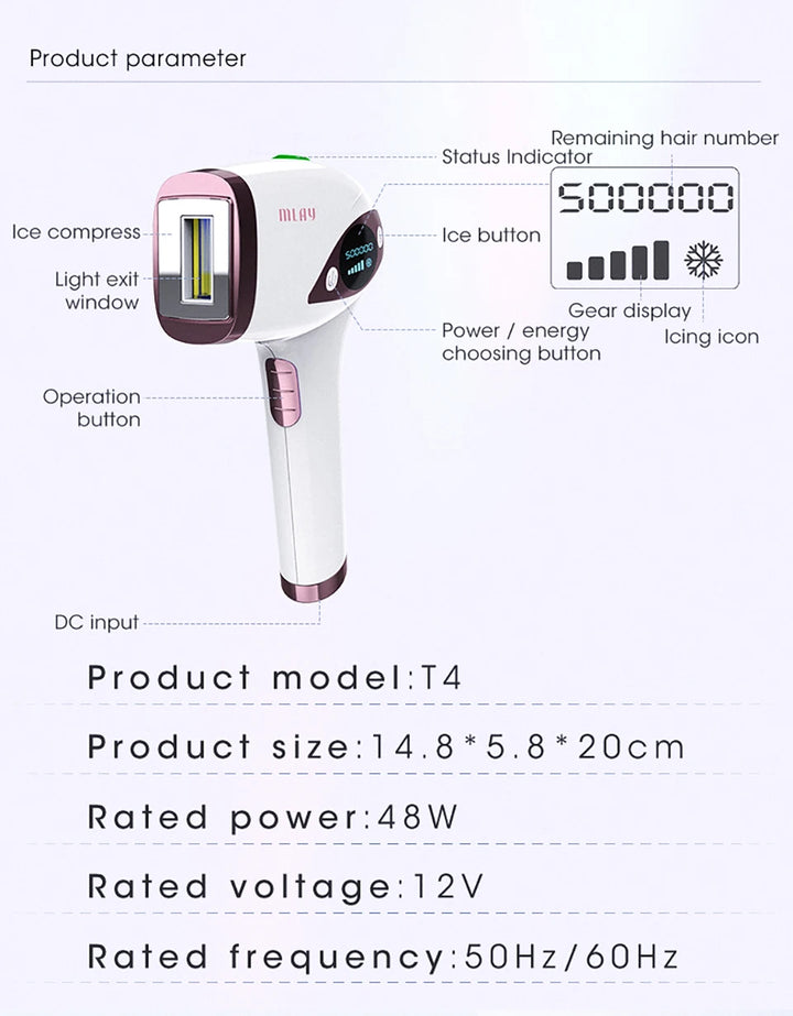 MLAY T4 IPL Laser Hair Removal Machine Ice Cool Permanent Face Body Bikini Epilator With 500000 Shots For Women Men Home Use