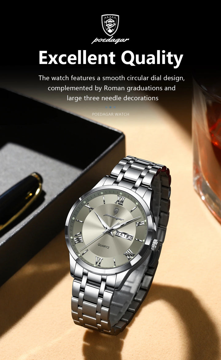 POEDAGAR Business Fashion Man Watch Waterproof Luminous Date Week Male Wristwatch Stainless Steel Quartz Men Watches Reloj +Box
