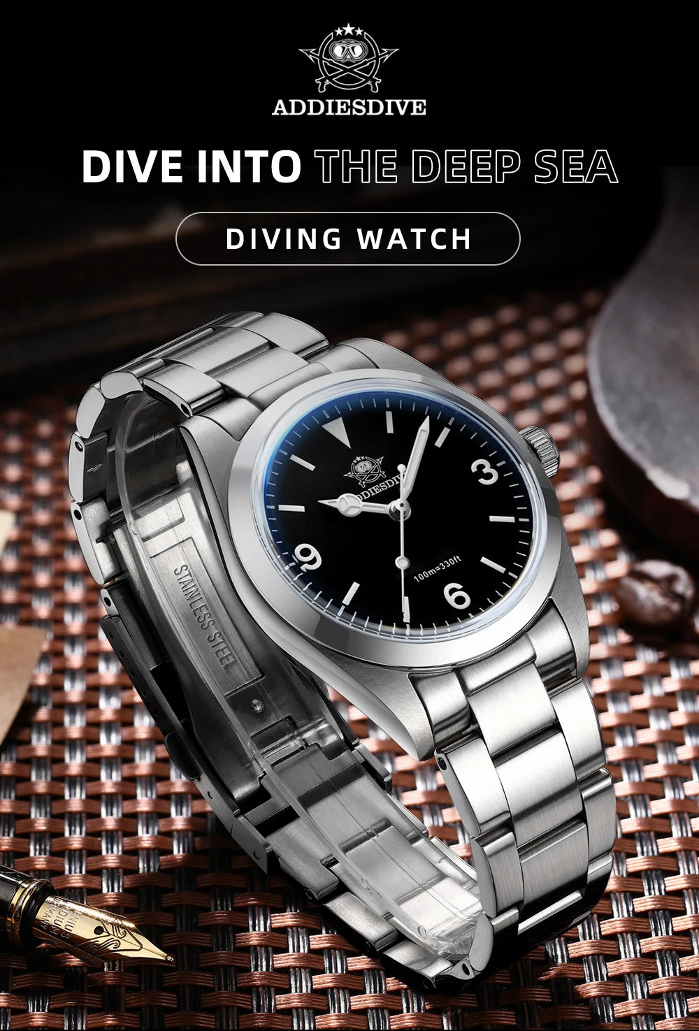ADDIESDIVE Top Brand Men's Luxury Stainless Steel Wristwatch Sapphire Glass Luminous 100m Waterproof Reloj Hombre Quartz Watches