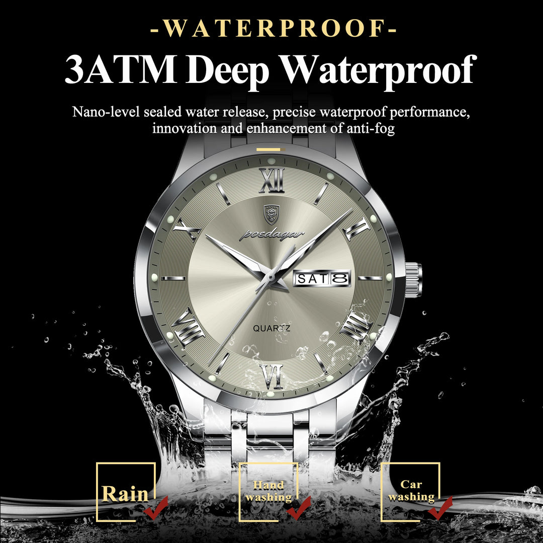 POEDAGAR Business Fashion Man Watch Waterproof Luminous Date Week Male Wristwatch Stainless Steel Quartz Men Watches Reloj +Box