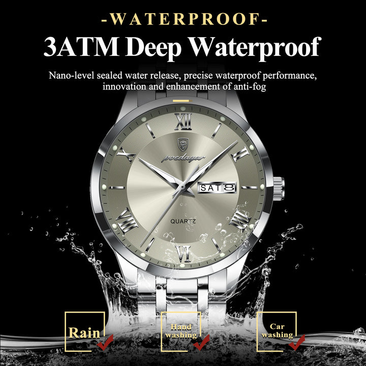 POEDAGAR Business Fashion Man Watch Waterproof Luminous Date Week Male Wristwatch Stainless Steel Quartz Men Watches Reloj +Box