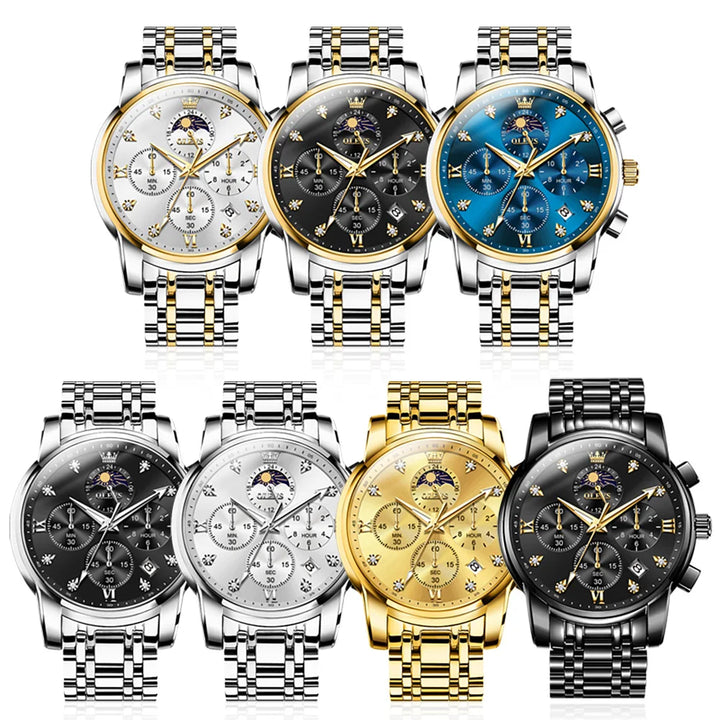 OLEVS Top Luxury Brand Men's Watches Moon Phase Chronograph Quartz Watch for Man Gold Stainless Steel Luminous Original Watch