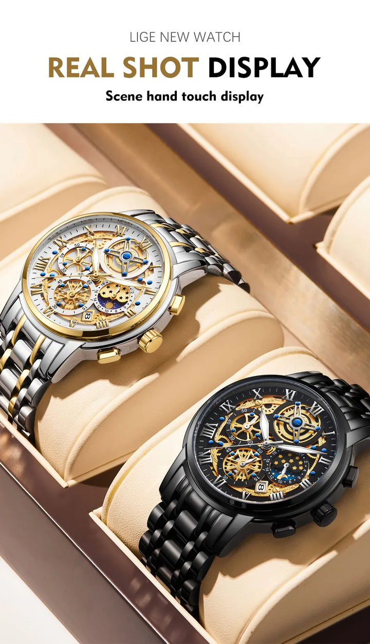 LIGE Luxury Fashion Men Watch Waterproof Luminous Date Man Wristwatch Stainless Steel Chronograph Quartz Men's Watches Reloj