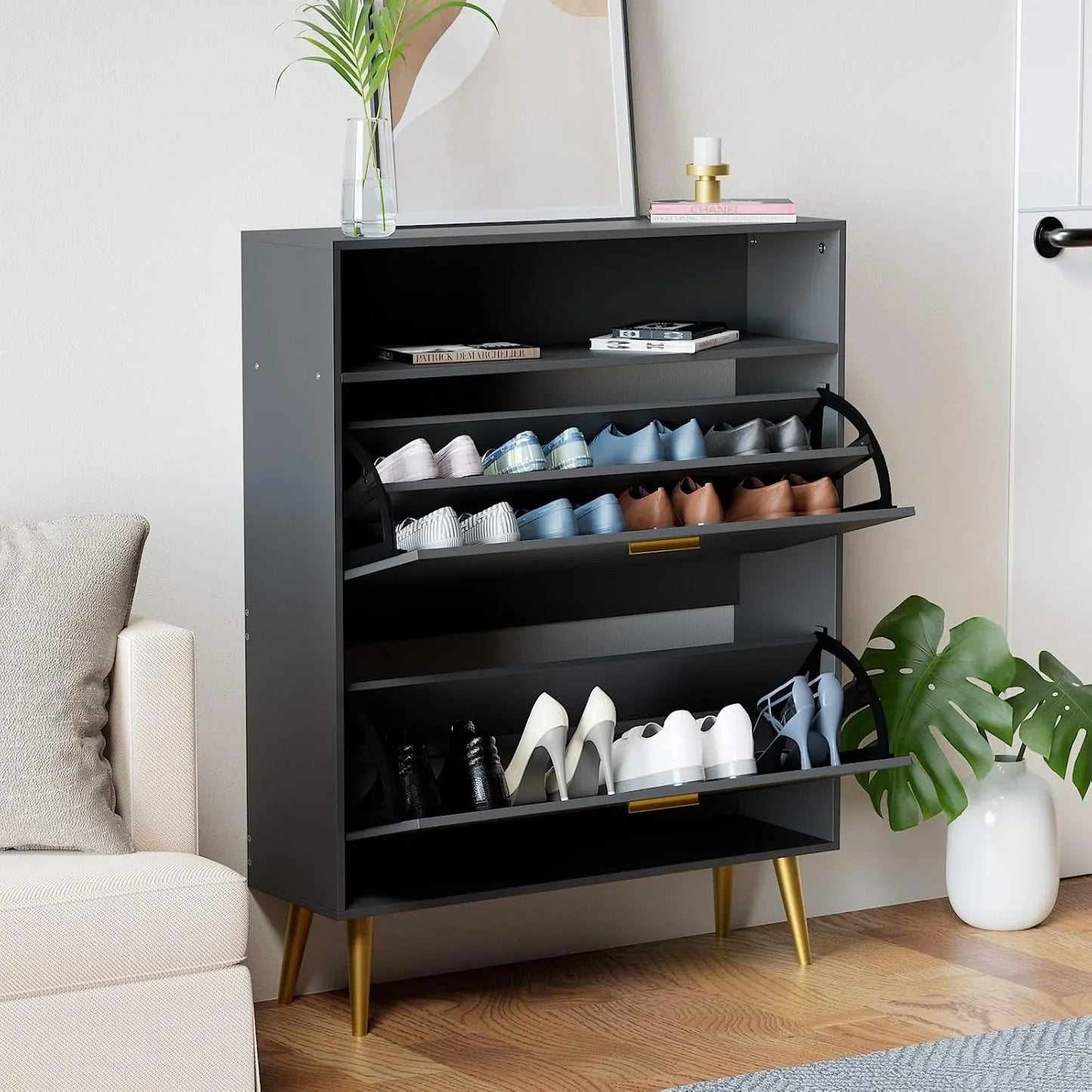 Slim Shoe Cabinet with 2 Flip Drawers
