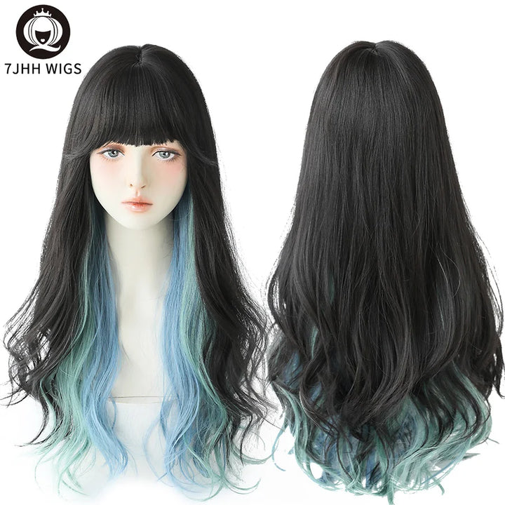 7JHHWIGS Long Wavy Synthetic Black Wigs For Women With Fringe Fashion Heat Resistant Mid-Length Daily Straight Light Brown Hair