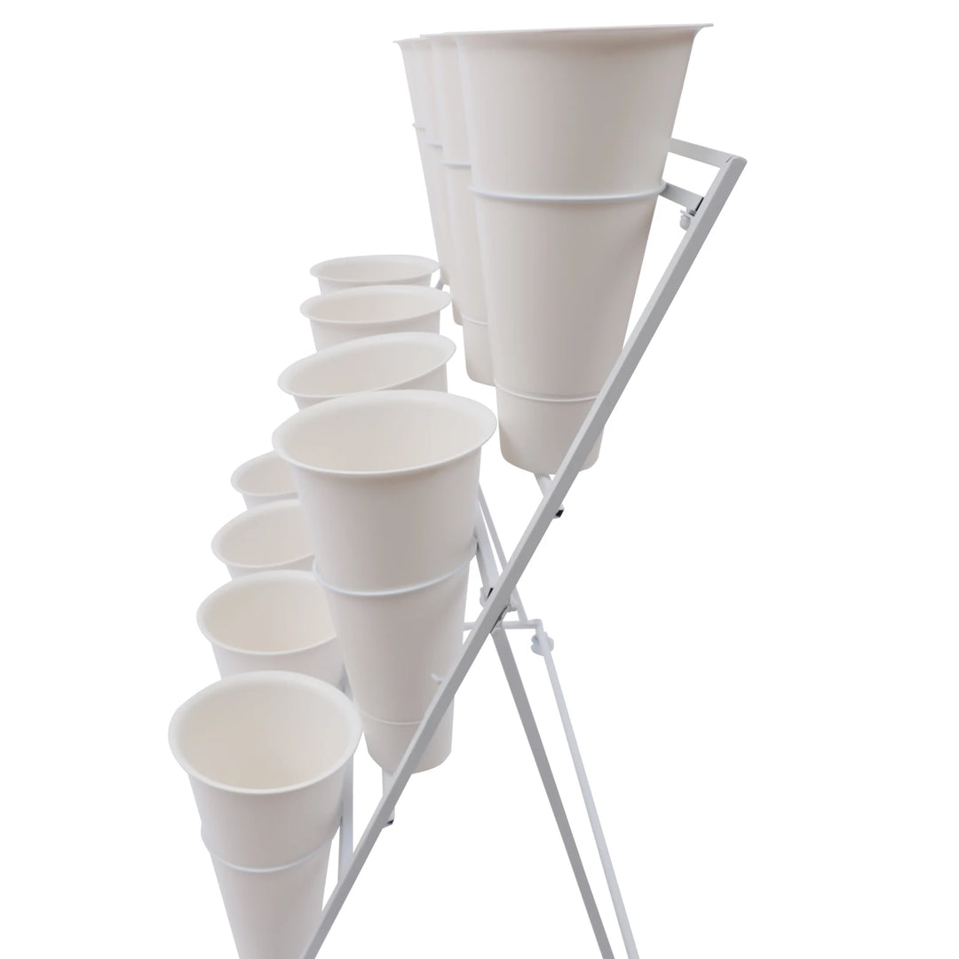 3 Layers Flower Display Stand Movable Modern Metal Plant Shelf with 12Pcs Flower Buckets & Wheels for Home Garden Patio Balcony