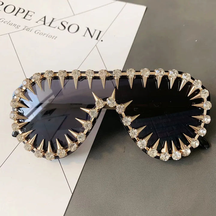 Steampunk Nail Diamond Oversized Sunglasses For Women Luxury Punk Rhinestones One Piece Sun Glasses Men Hip Hop Shades Eyewear