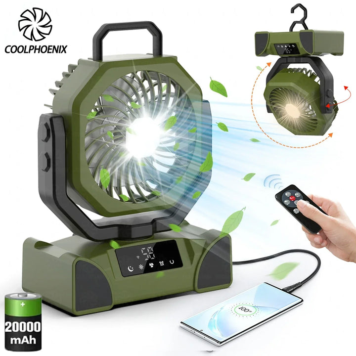 20000mAh Camping Fan Rechargeable Battery Portable Outdoor Fan Wireless Tent Ceiling Fan Air Circulators with Hook and LED Light
