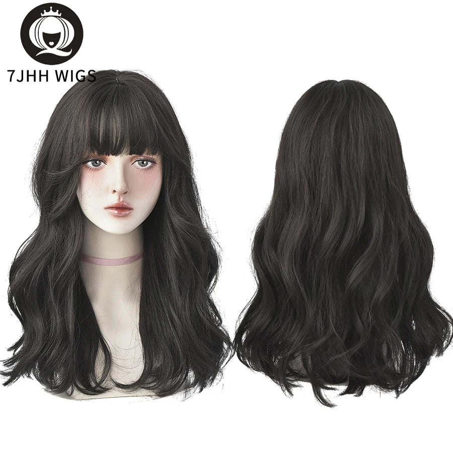 7JHHWIGS Long Wavy Synthetic Black Wigs For Women With Fringe Fashion Heat Resistant Mid-Length Daily Straight Light Brown Hair